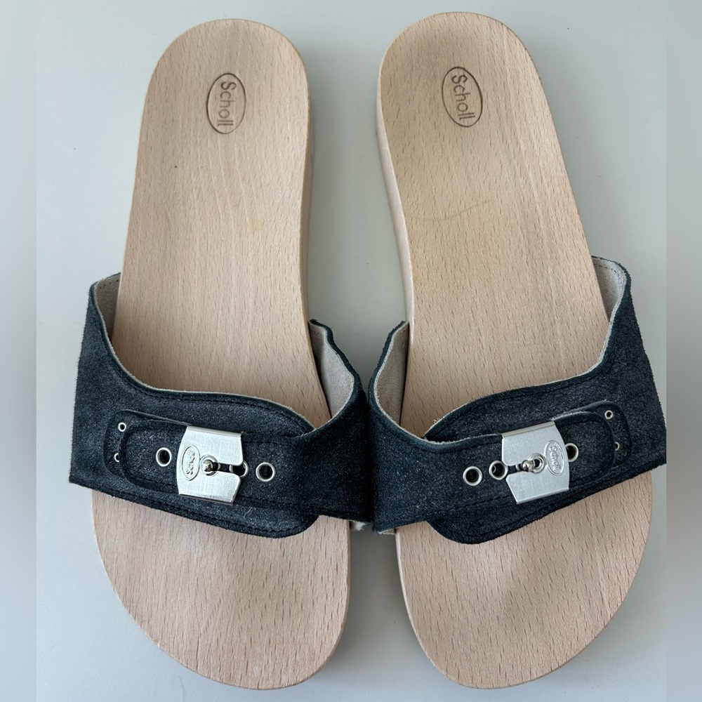 Scholl Iconic Wooden Sole Black Sueded Slide Mule Sandals 10